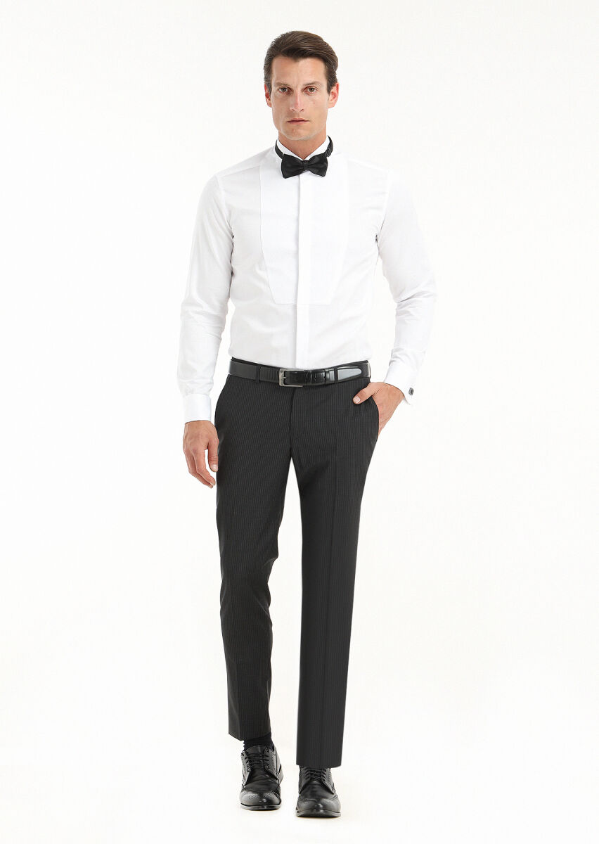 White Plain Regular Fit Double Cuff Wing Collar Tuxedo Shirts - 3