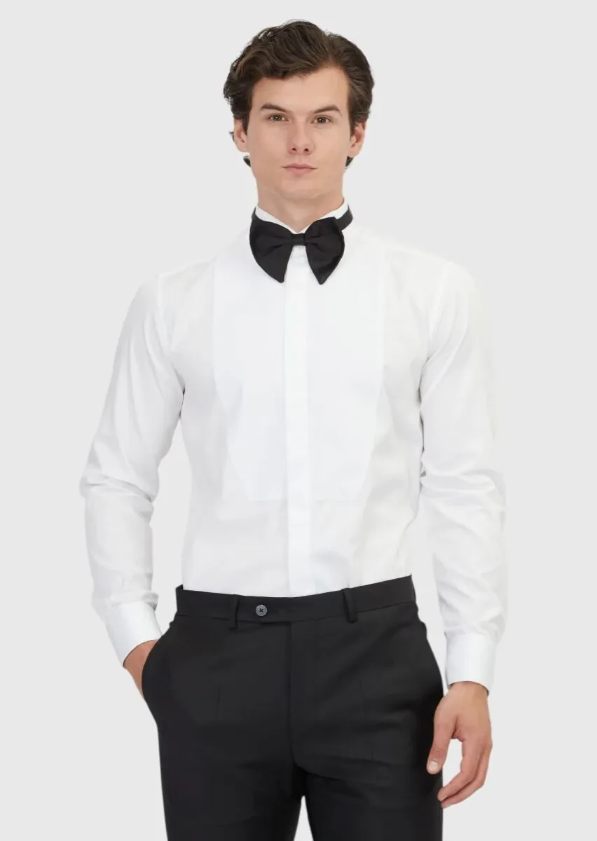 White Plain Regular Fit Double Cuff Wing Collar Tuxedo Shirts - 1