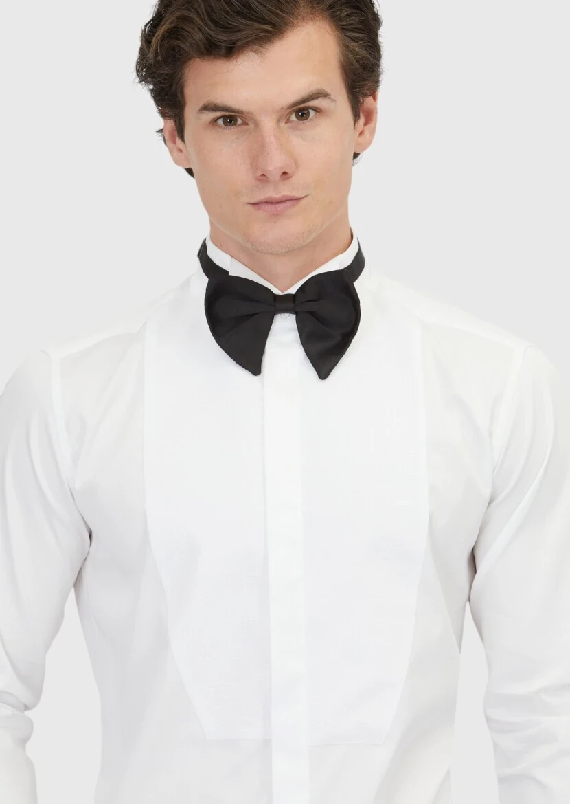 White Plain Regular Fit Double Cuff Wing Collar Tuxedo Shirts - 3
