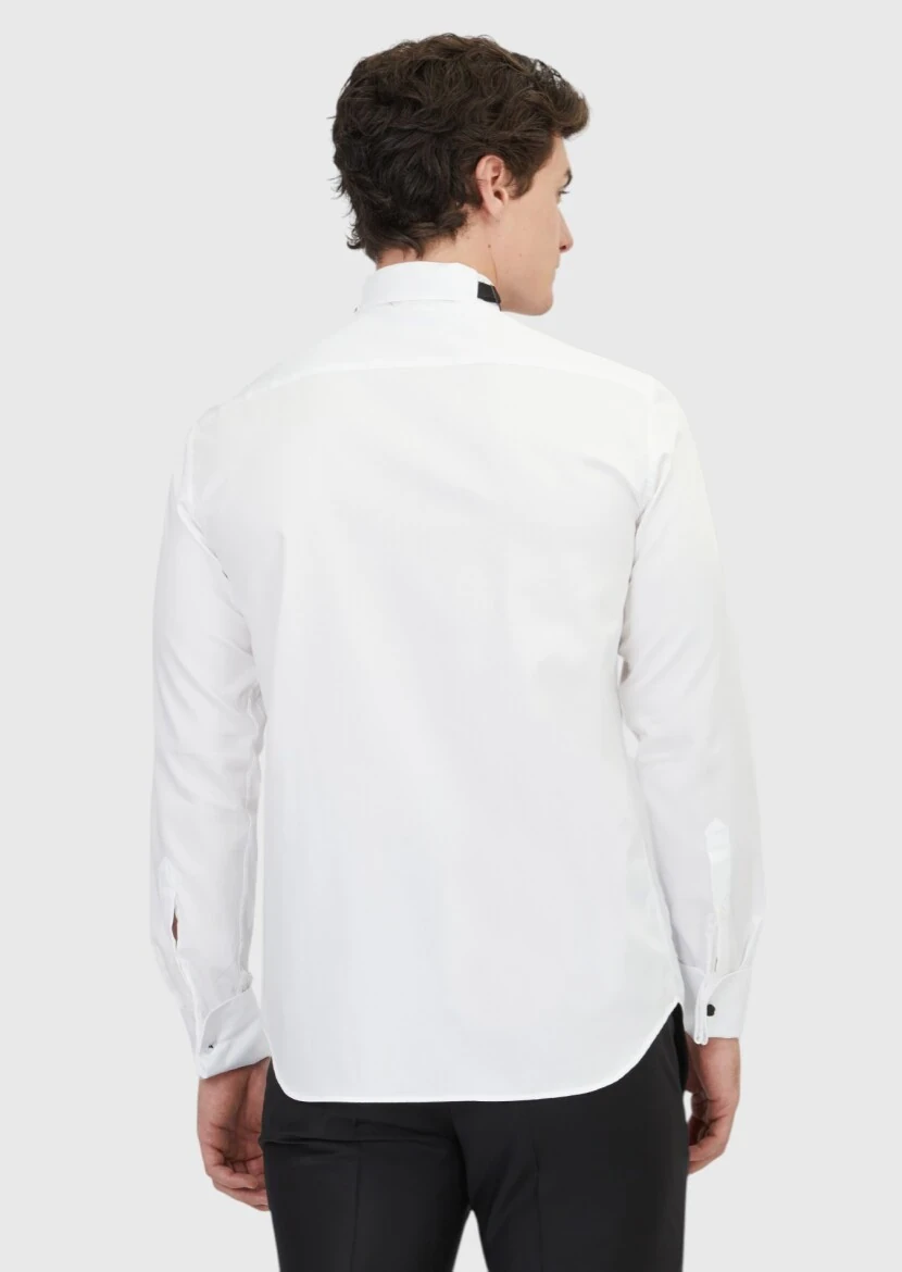 White Plain Regular Fit Double Cuff Wing Collar Tuxedo Shirts - 5