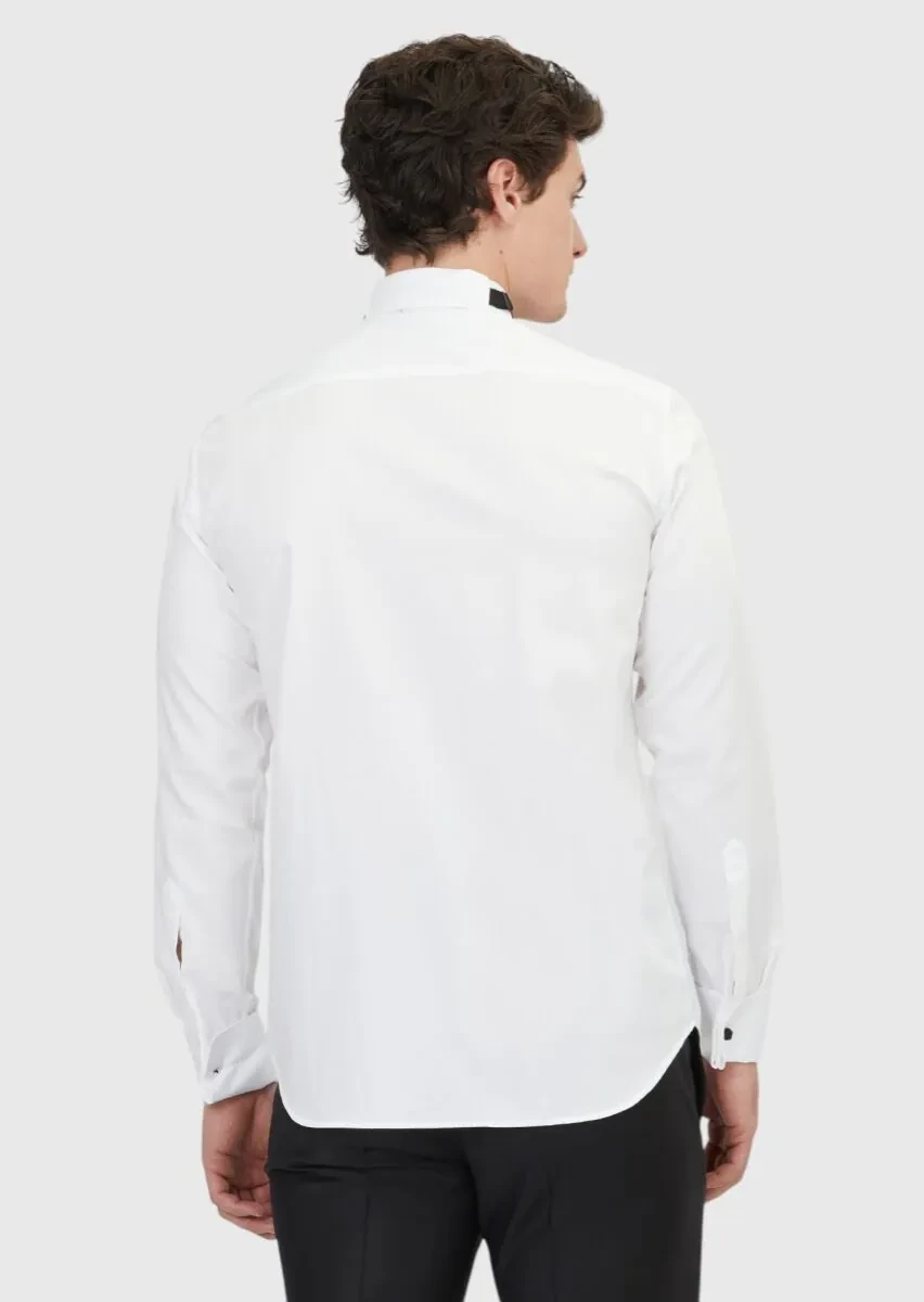 White Plain Regular Fit Double Cuff Wing Collar Tuxedo Shirts - 5