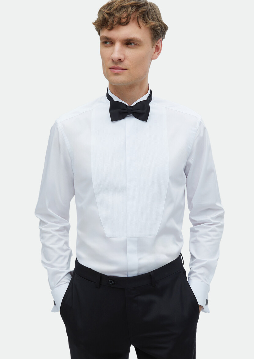 White Plain Regular Fit Double Cuff Wing Collar Tuxedo Shirts - 1