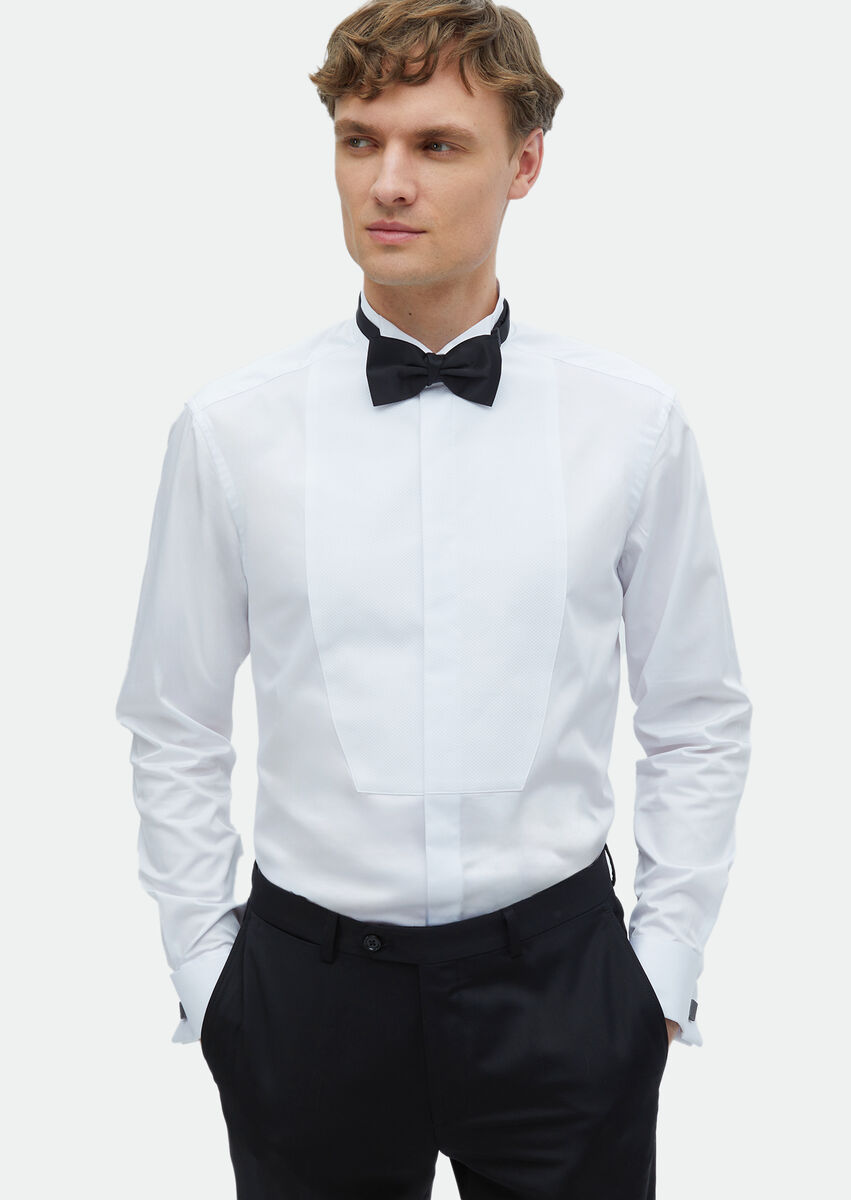 White Plain Regular Fit Double Cuff Wing Collar Tuxedo Shirts - 1