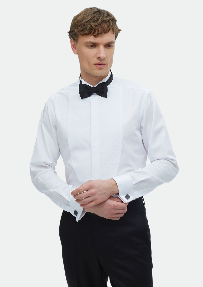 White Plain Regular Fit Double Cuff Wing Collar Tuxedo Shirts - 3