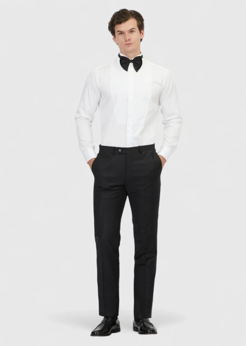 White Plain Regular Fit Double Cuff Wing Collar Tuxedo Shirts - 2