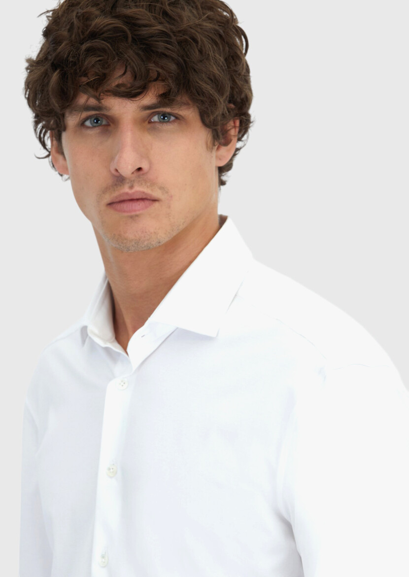 White Plain Regular Fit Knitting Casual Cotton Blended Shirt - 4