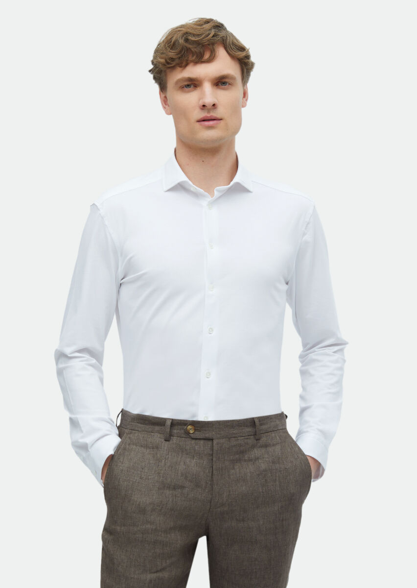 White Plain Regular Fit Long Knitting Casual Cotton Blended Shirt - 1