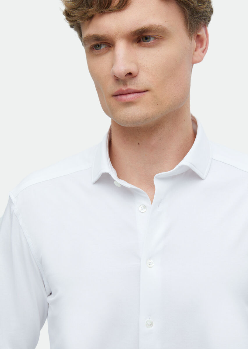 White Plain Regular Fit Long Knitting Casual Cotton Blended Shirt - 3