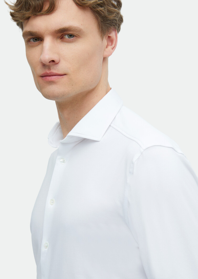 White Plain Regular Fit Long Knitting Casual Cotton Blended Shirt - 4