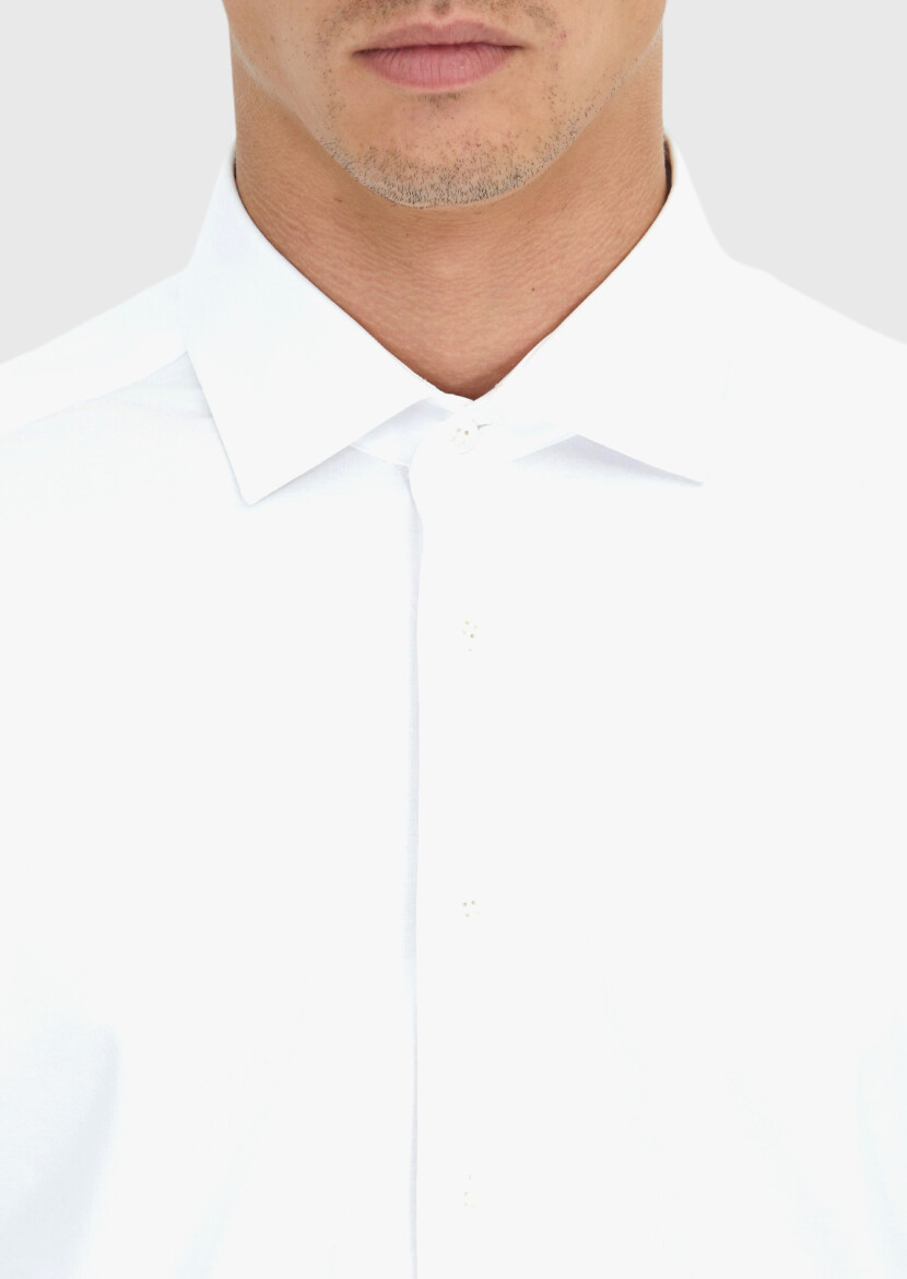 White Plain Regular Fit Long Knitting Casual Cotton Blended Shirt - 5