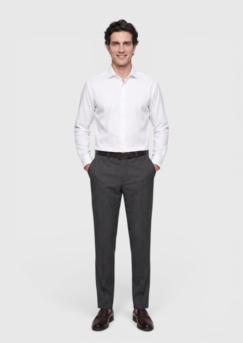 White Plain Regular Fit Long Knitting Casual Cotton Blended Shirt - RAMSEY