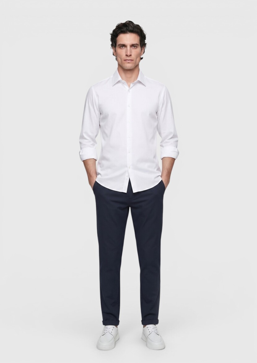 White Plain Regular Fit Long Knitting Classical Shirt - 4
