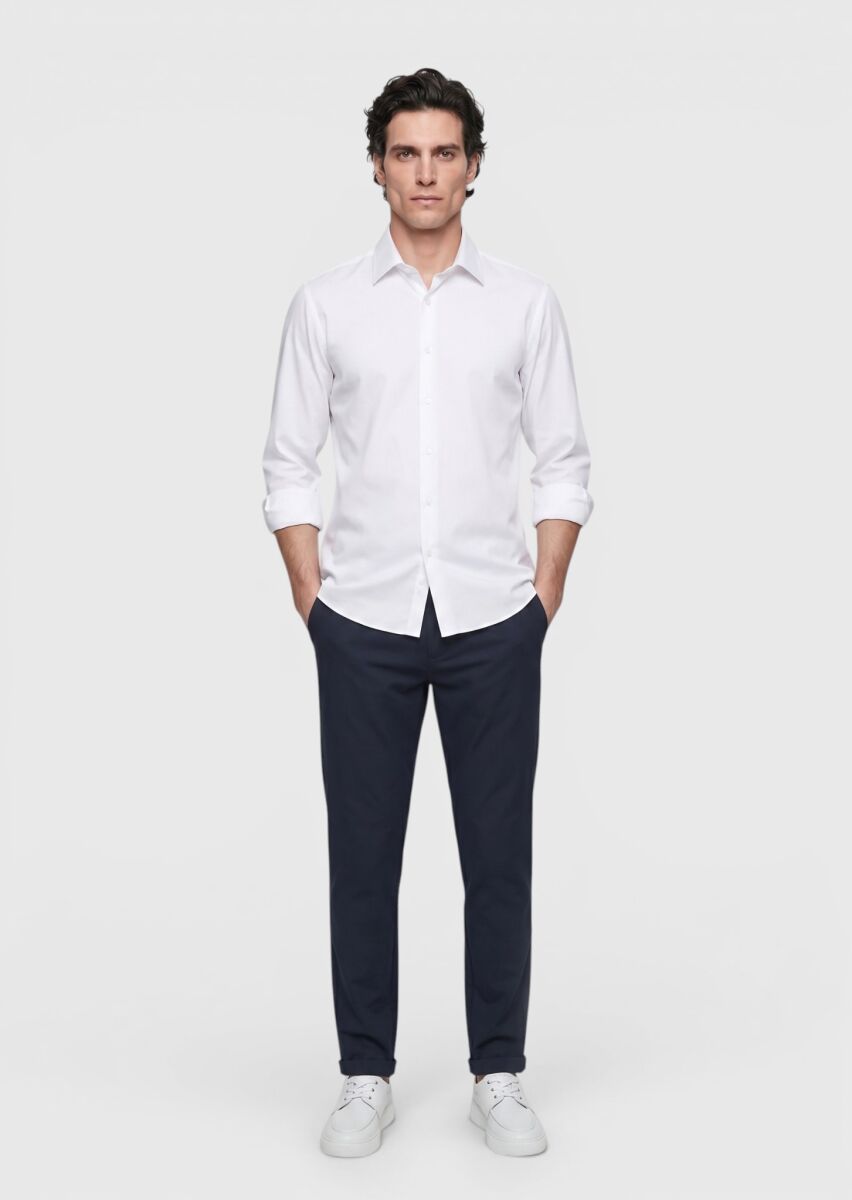 White Plain Regular Fit Long Knitting Classical Shirt - 4