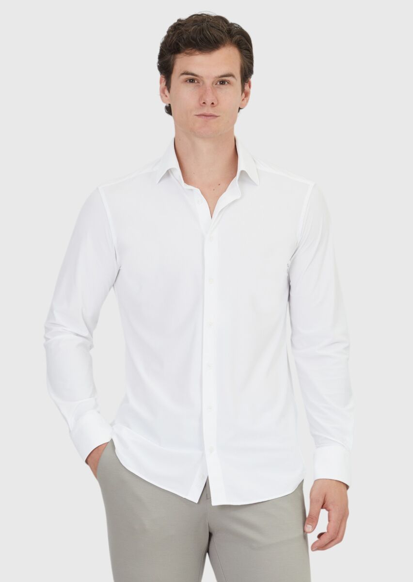 White Plain Regular Fit Long Knitting Classical Shirt - 3