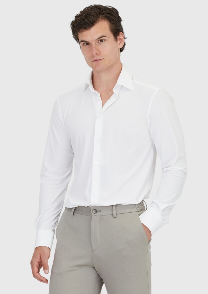 White Plain Regular Fit Long Knitting Classical Shirt - RAMSEY