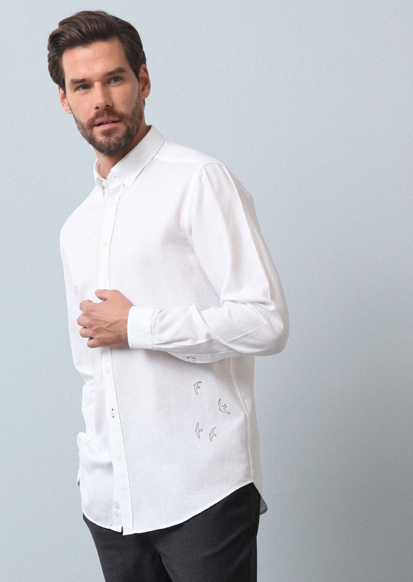 White Plain Regular Fit Long Weaving Casual 100% Cotton Shirt - 4