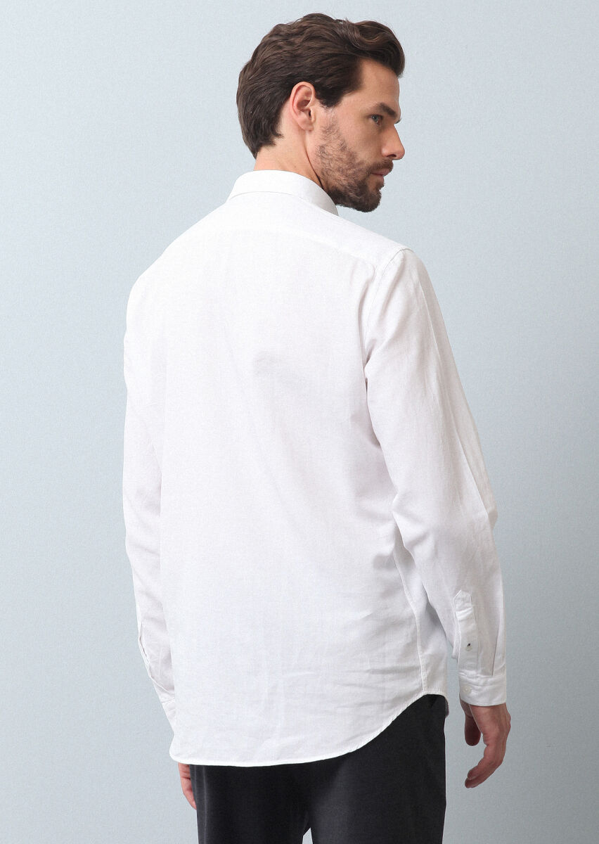 White Plain Regular Fit Long Weaving Casual 100% Cotton Shirt - 5