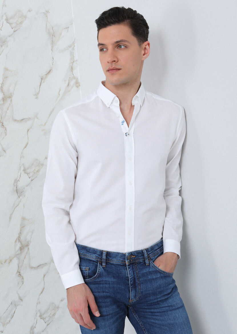 White Plain Regular Fit Long Weaving Casual 100% Cotton Shirt 