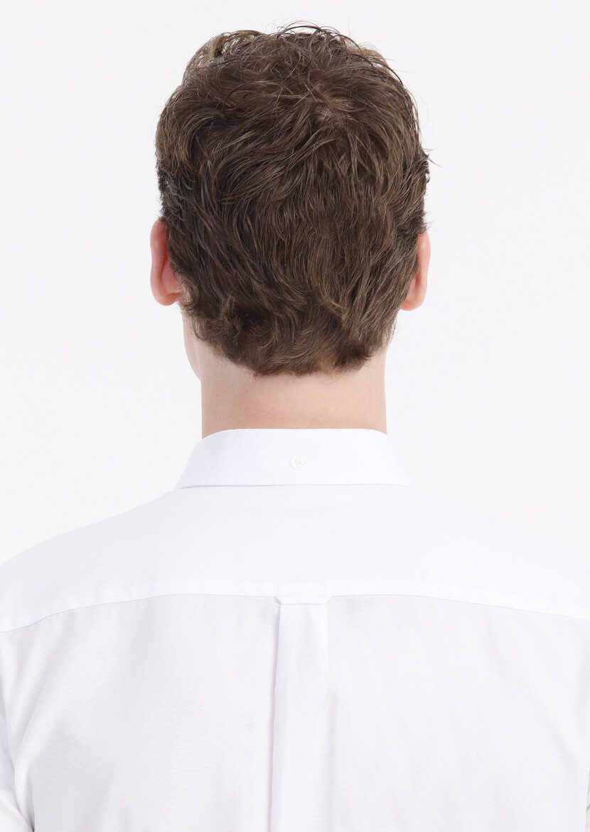 White Plain Regular Fit Long Weaving Casual 100% Cotton Shirt - 5