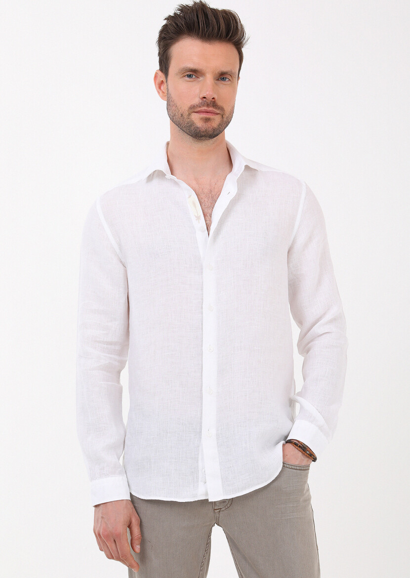 White Plain Regular Fit Long Weaving Casual 100% Linen Shirt 