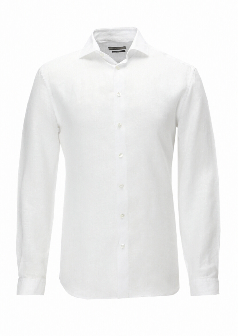 White Plain Regular Fit Long Weaving Casual 100% Linen Shirt 