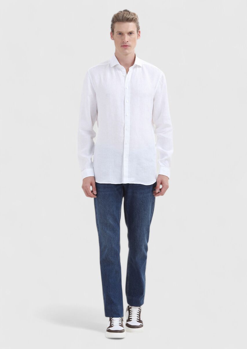 White Plain Regular Fit Long Weaving Casual 100% Linen Shirt - 1