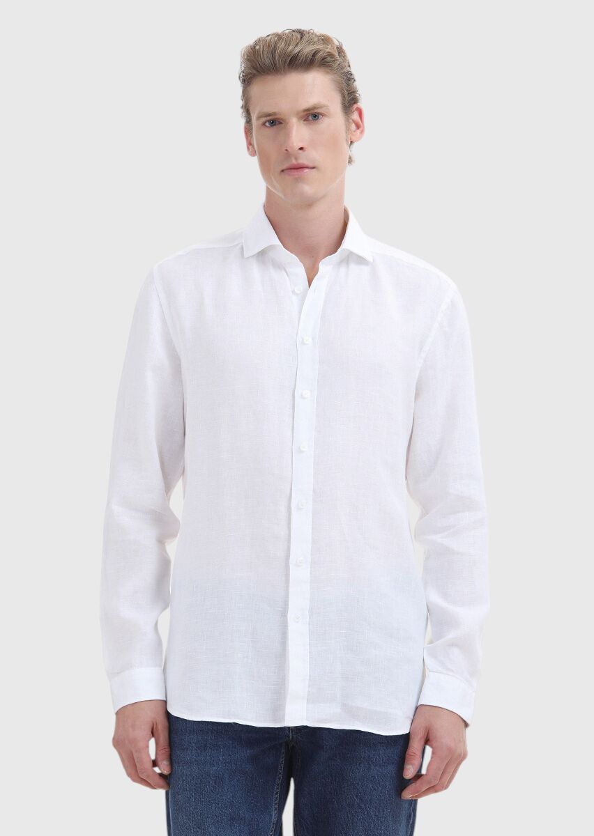 White Plain Regular Fit Long Weaving Casual 100% Linen Shirt - 2