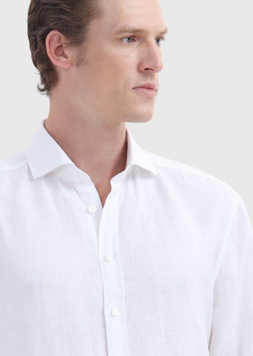 White Plain Regular Fit Long Weaving Casual 100% Linen Shirt - 3