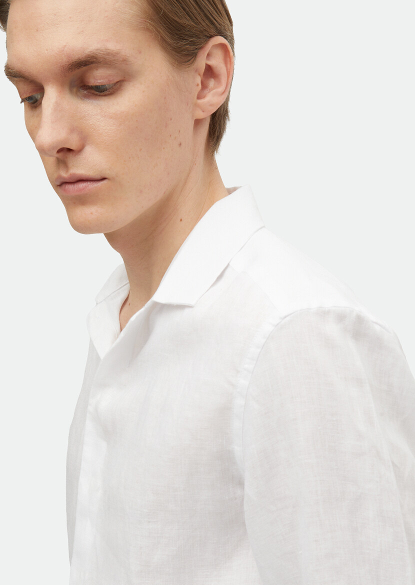White Plain Regular Fit Long Weaving Casual 100% Linen Shirt - 3