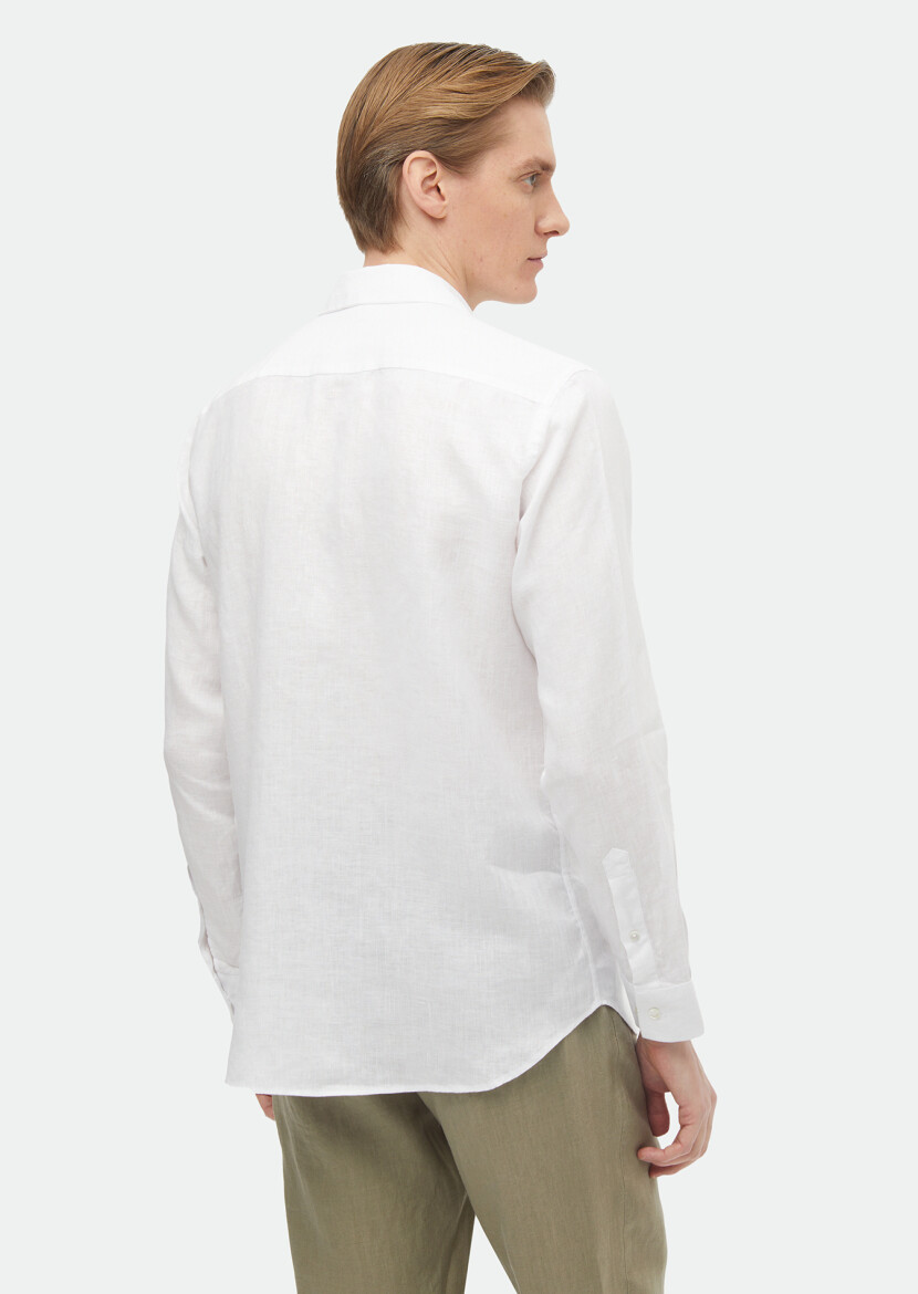 White Plain Regular Fit Long Weaving Casual 100% Linen Shirt - 4