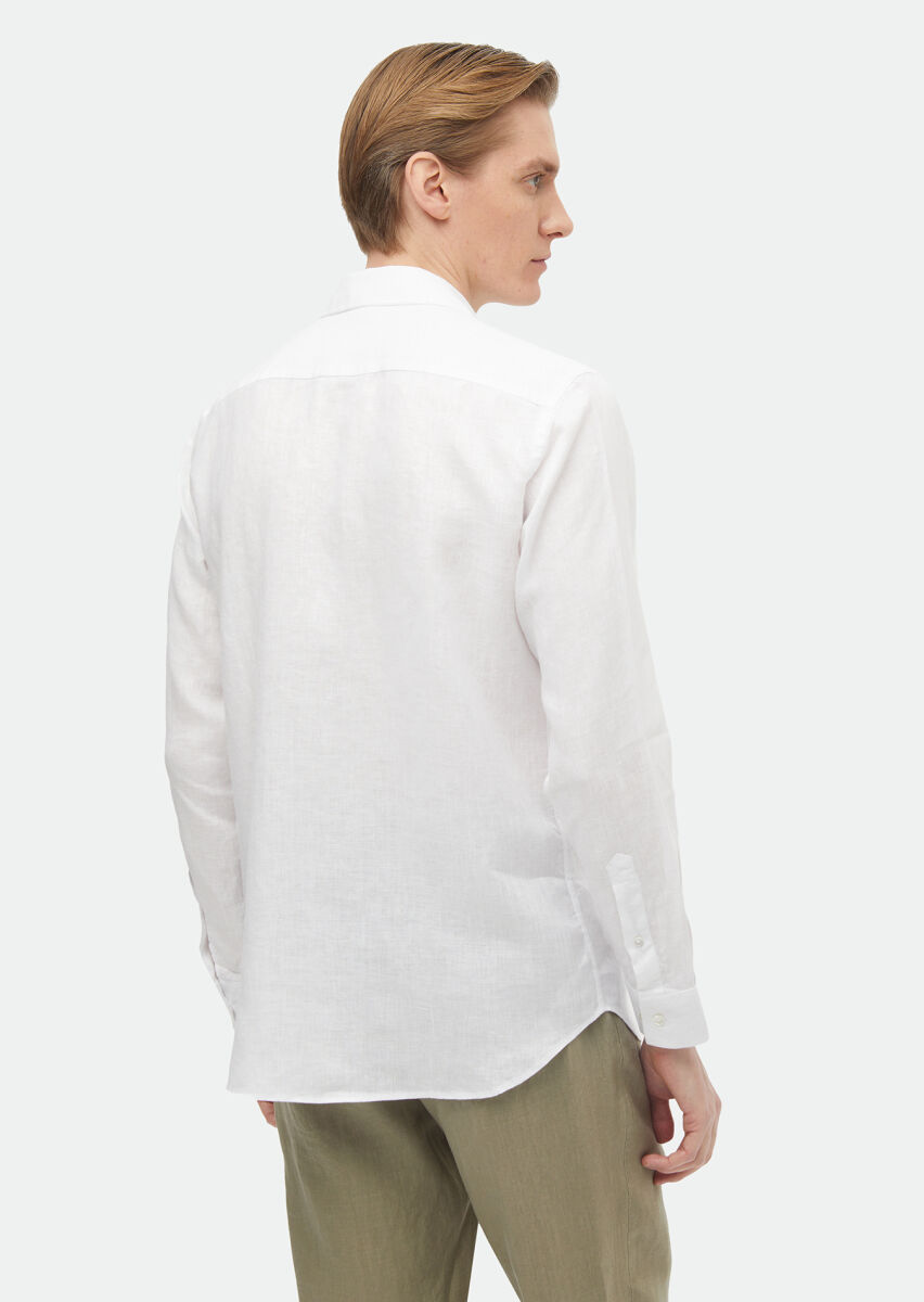 White Plain Regular Fit Long Weaving Casual 100% Linen Shirt - 4