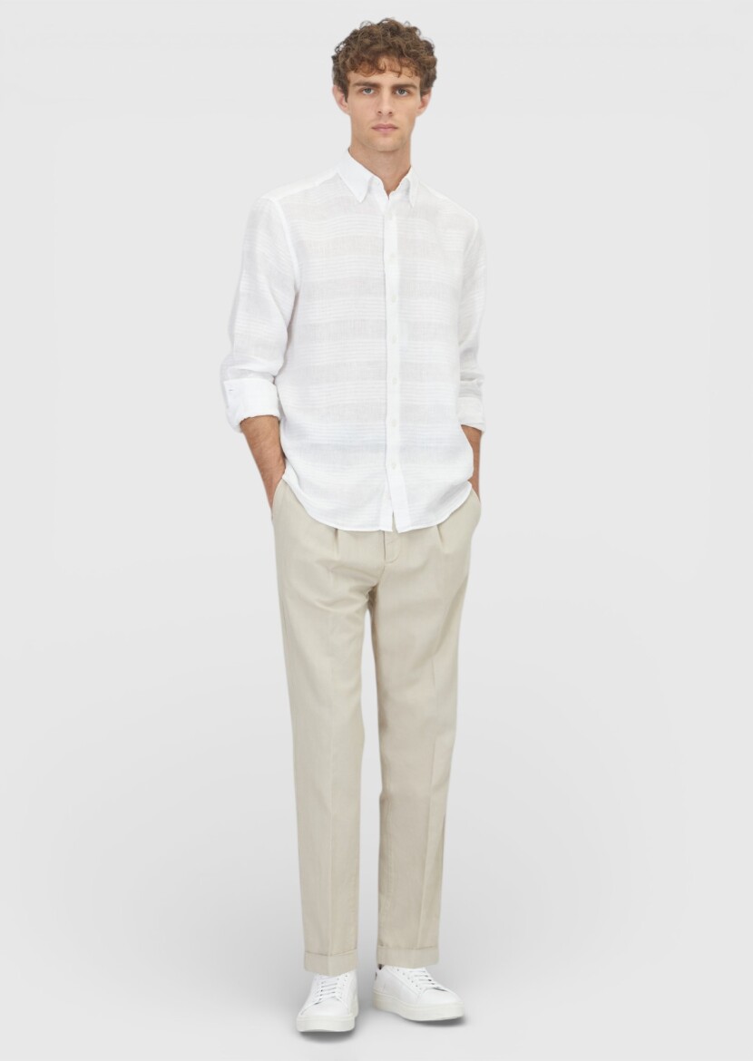 White Plain Regular Fit Long Weaving Casual 100% Linen Shirt - 2