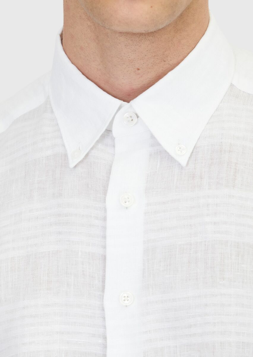 White Plain Regular Fit Long Weaving Casual 100% Linen Shirt - 5