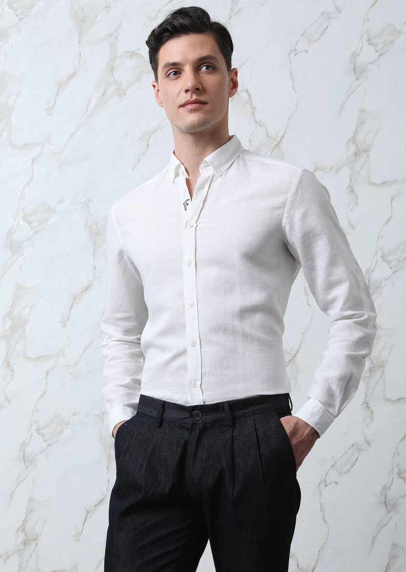 White Plain Regular Fit Long Weaving Casual Cotton Blended Shirt - 1