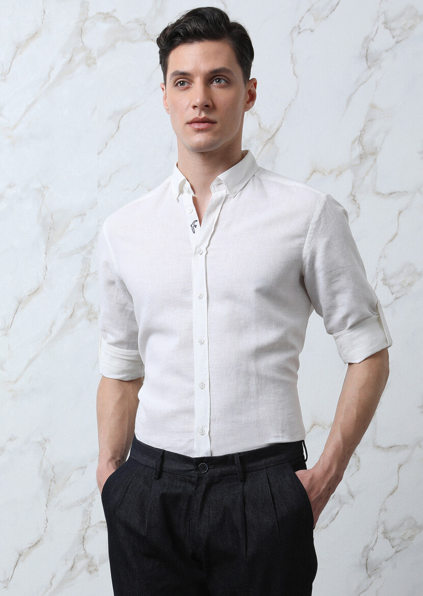 White Plain Regular Fit Long Weaving Casual Cotton Blended Shirt - 2