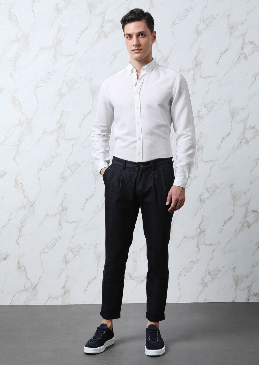 White Plain Regular Fit Long Weaving Casual Cotton Blended Shirt - 4