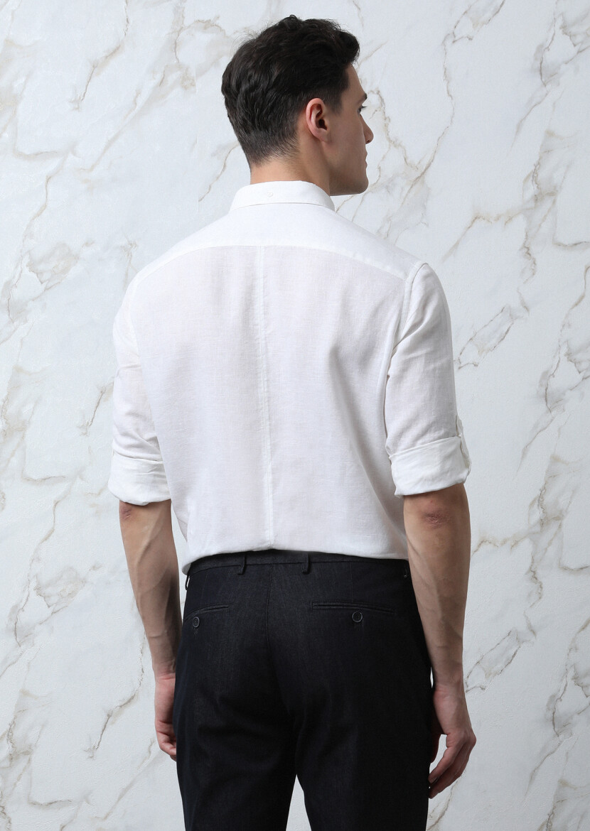 White Plain Regular Fit Long Weaving Casual Cotton Blended Shirt - 5