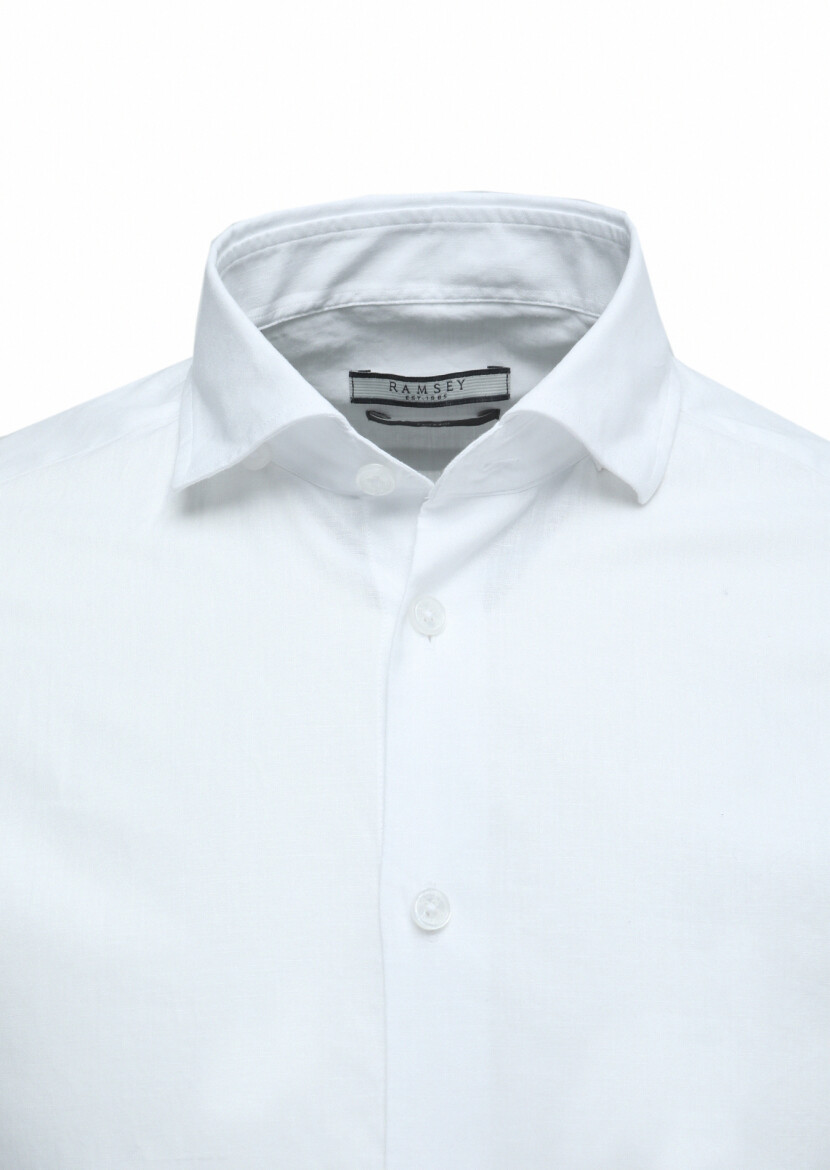 White Plain Regular Fit Long Weaving Casual Cotton Blended Shirt - 2