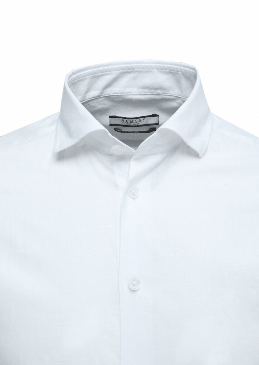 White Plain Regular Fit Long Weaving Casual Cotton Blended Shirt - 2