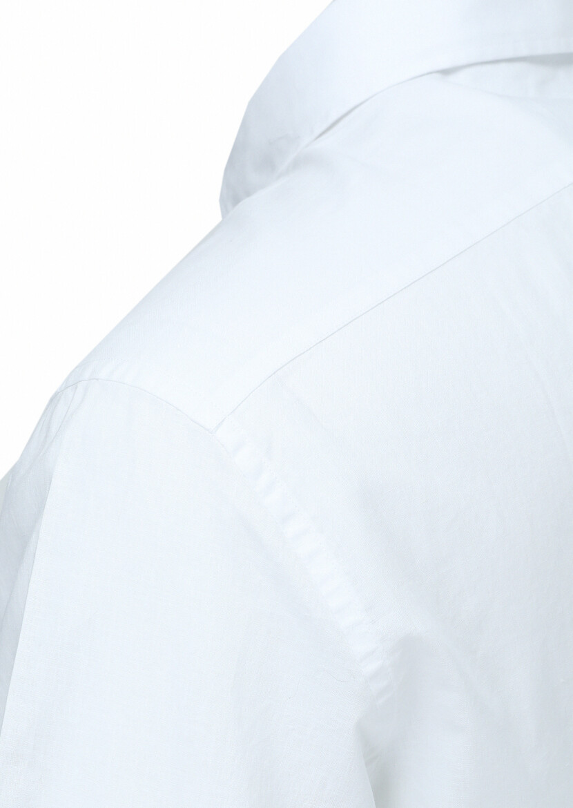 White Plain Regular Fit Long Weaving Casual Cotton Blended Shirt - 3
