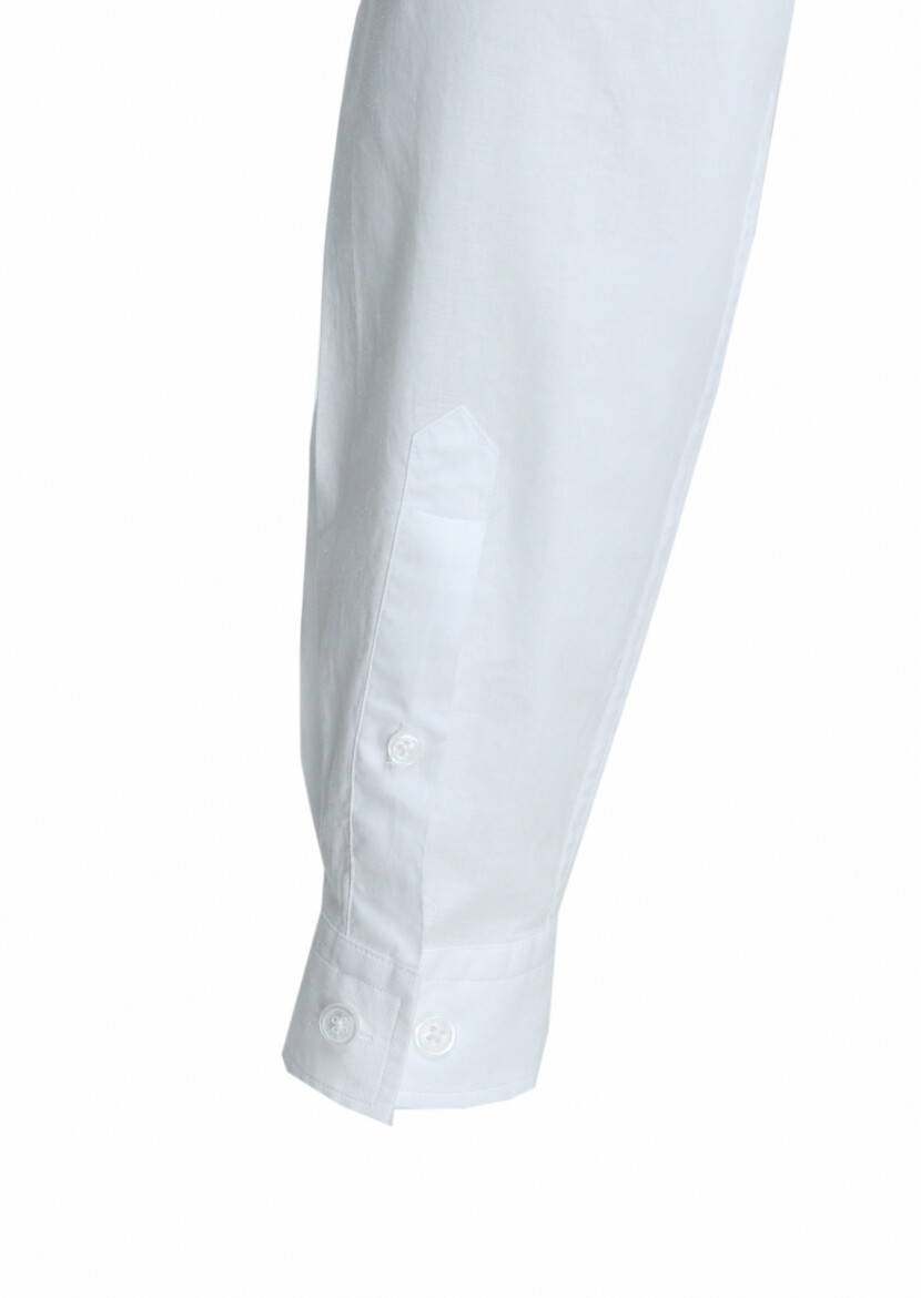 White Plain Regular Fit Long Weaving Casual Cotton Blended Shirt - 4
