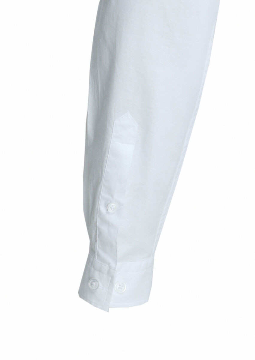 White Plain Regular Fit Long Weaving Casual Cotton Blended Shirt - 4
