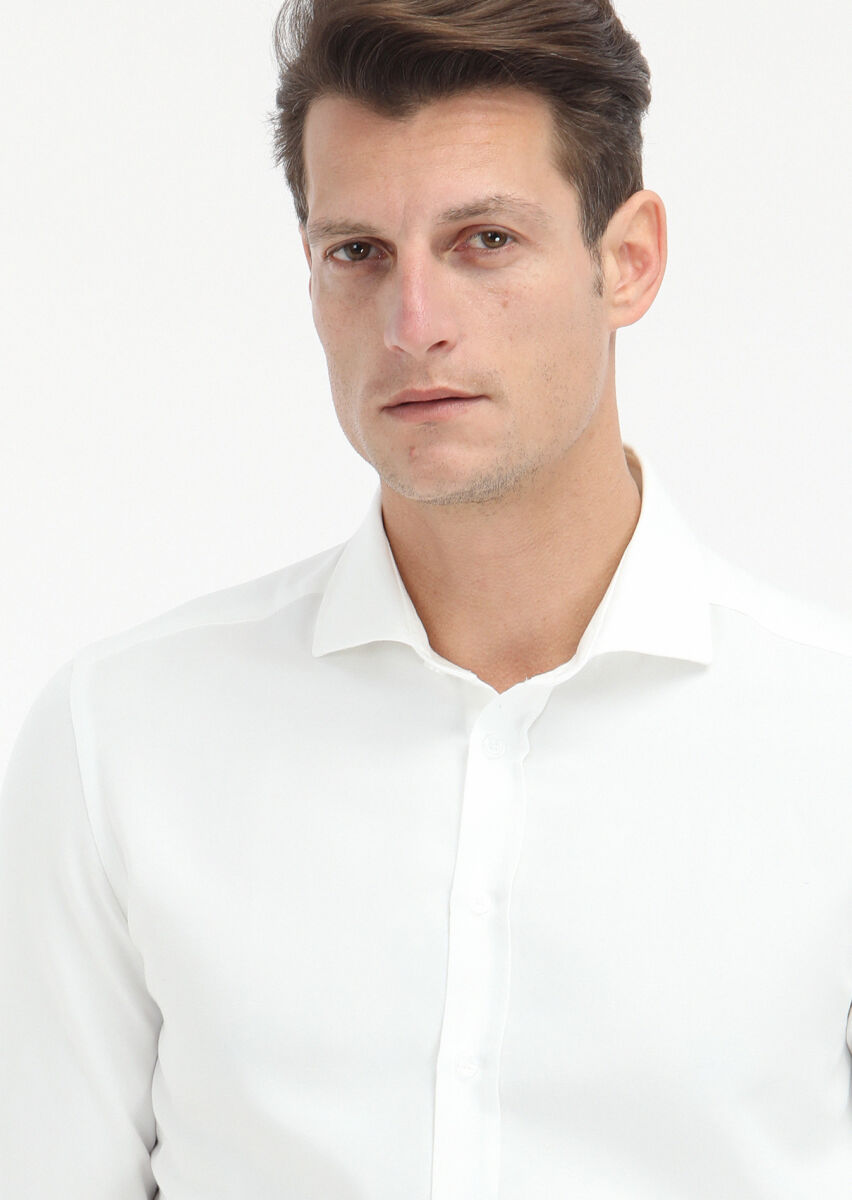 White Plain Regular Fit Long Weaving Casual Cotton Blended Shirt - 3