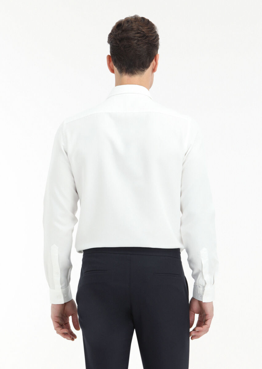 White Plain Regular Fit Long Weaving Casual Cotton Blended Shirt - 4