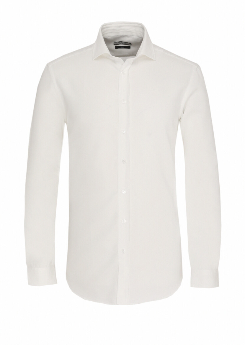 White Plain Regular Fit Long Weaving Casual Cotton Blended Shirt - 5