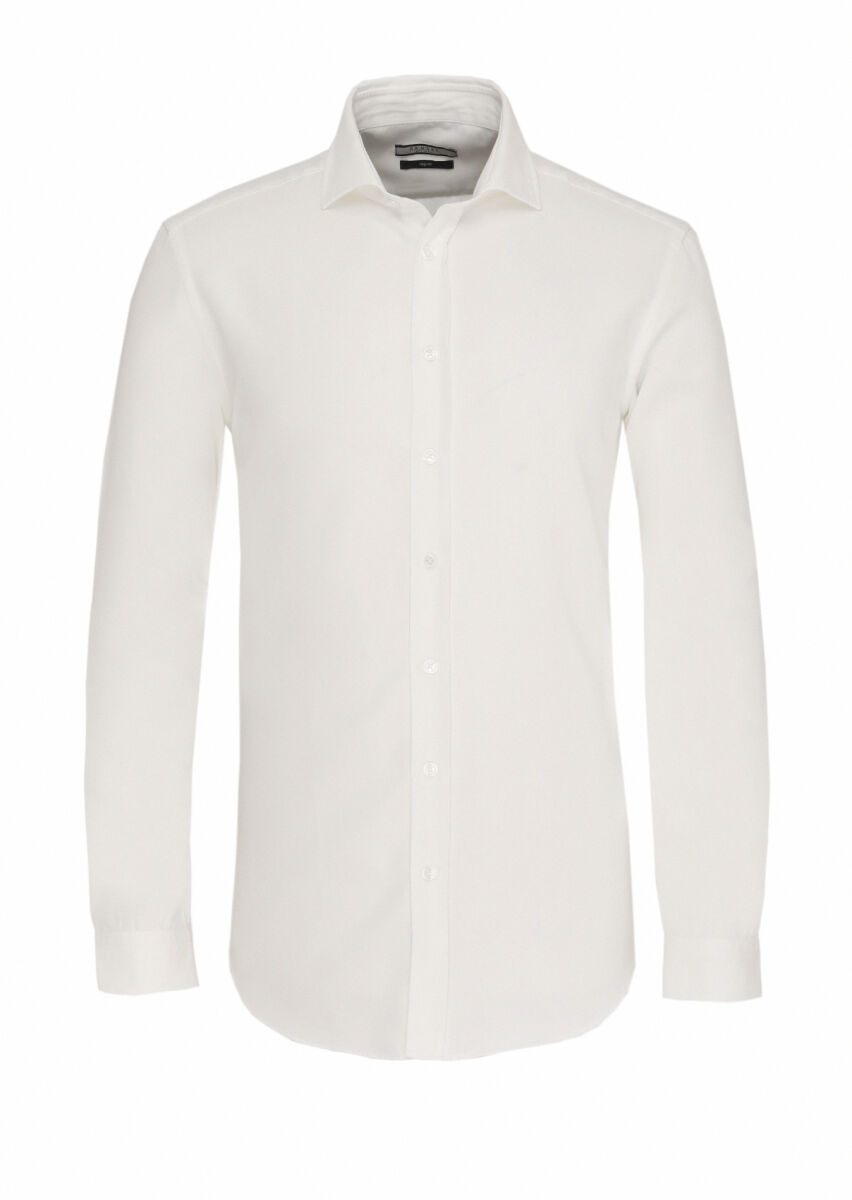 White Plain Regular Fit Long Weaving Casual Cotton Blended Shirt - 5