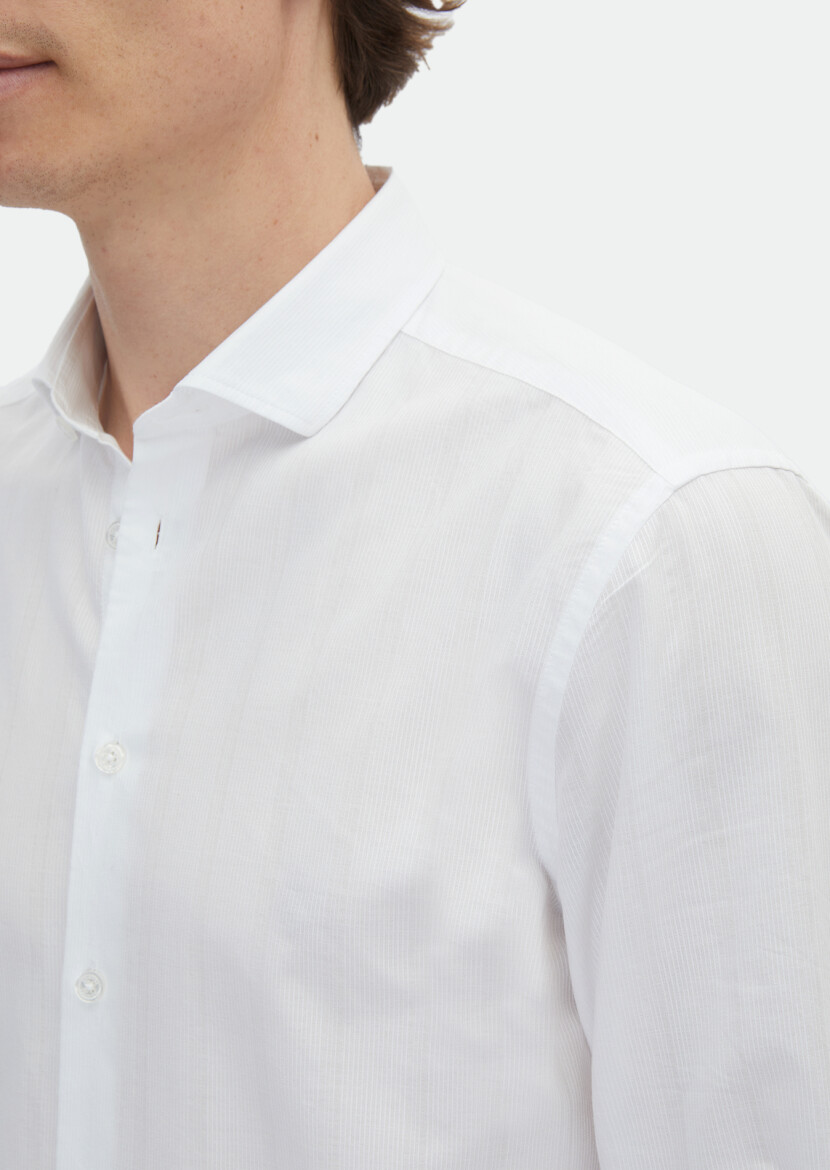 White Plain Regular Fit Long Weaving Casual Cotton Blended Shirt - 4