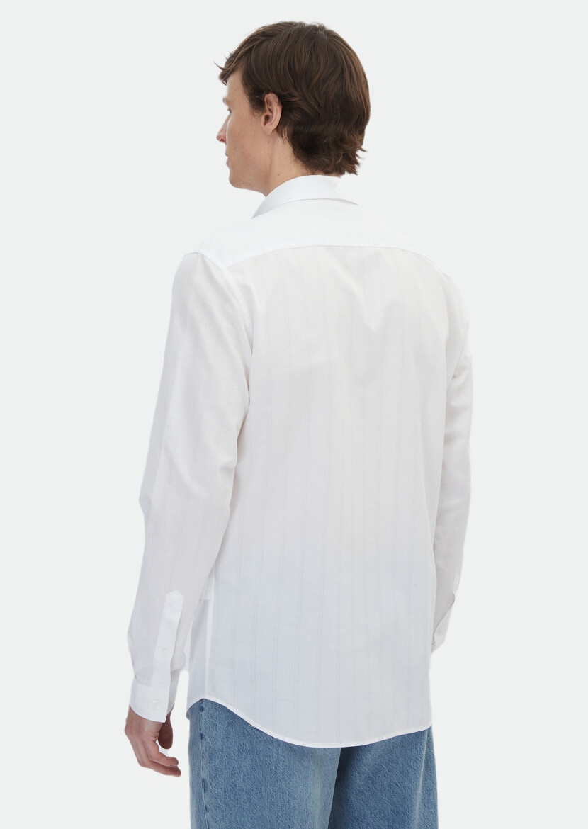 White Plain Regular Fit Long Weaving Casual Cotton Blended Shirt - 5