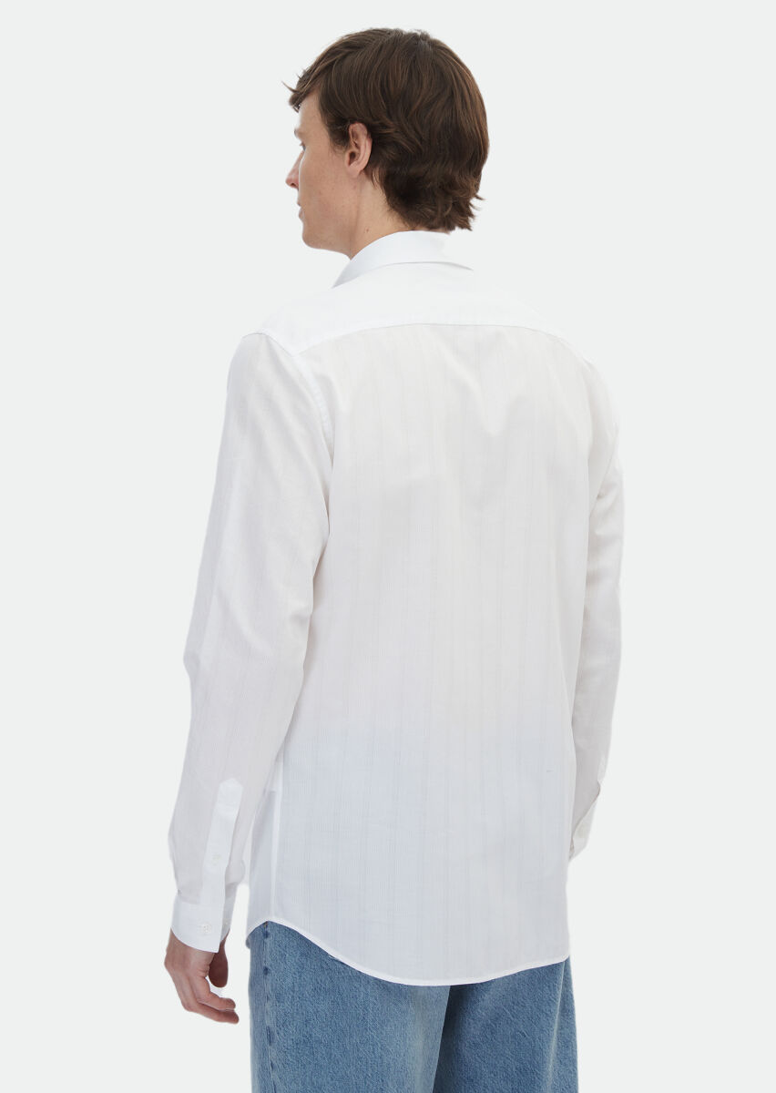 White Plain Regular Fit Long Weaving Casual Cotton Blended Shirt - 5