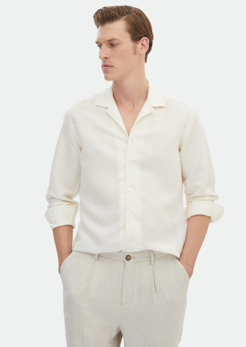 White Plain Regular Fit Long Weaving Casual Linen Blended Shirt - RAMSEY